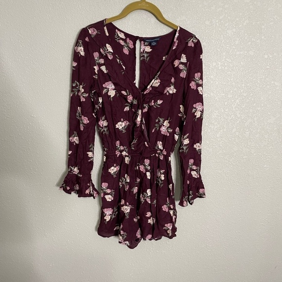 American Eagle Floral Romper Burgundy Purple XXS - Picture 2 of 8